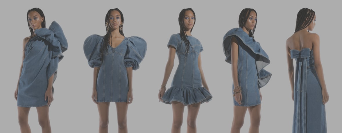 A visual of a woman repeated 5 times, wearing different jeans dresses