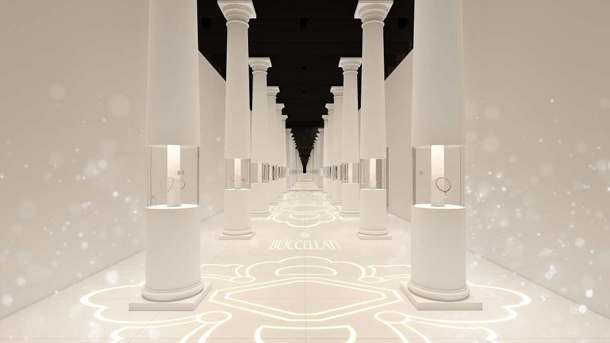 White interior of the exhibition with showcases