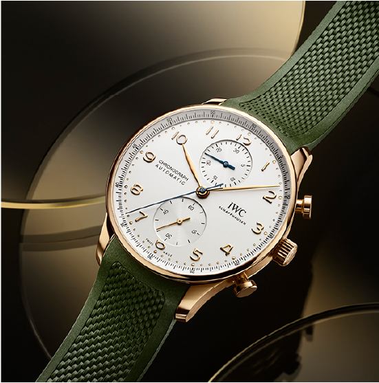 IWC portugieser Chronograph with a contemporary olive green rubber strap,