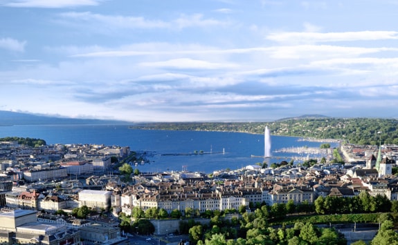 The view over the city center of Geneva with the lake