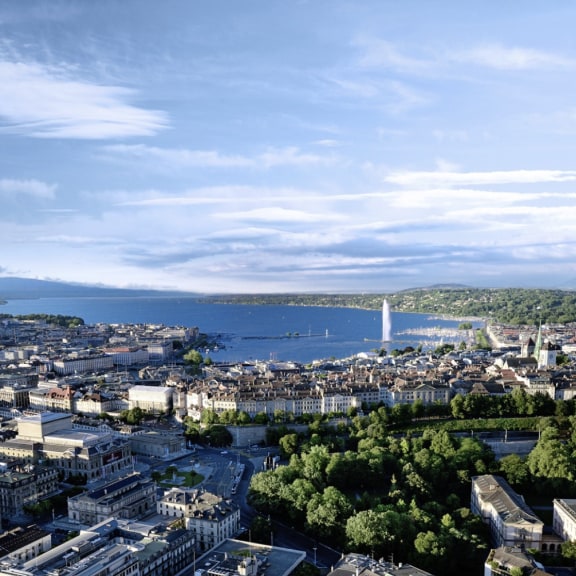The view over the city center of Geneva