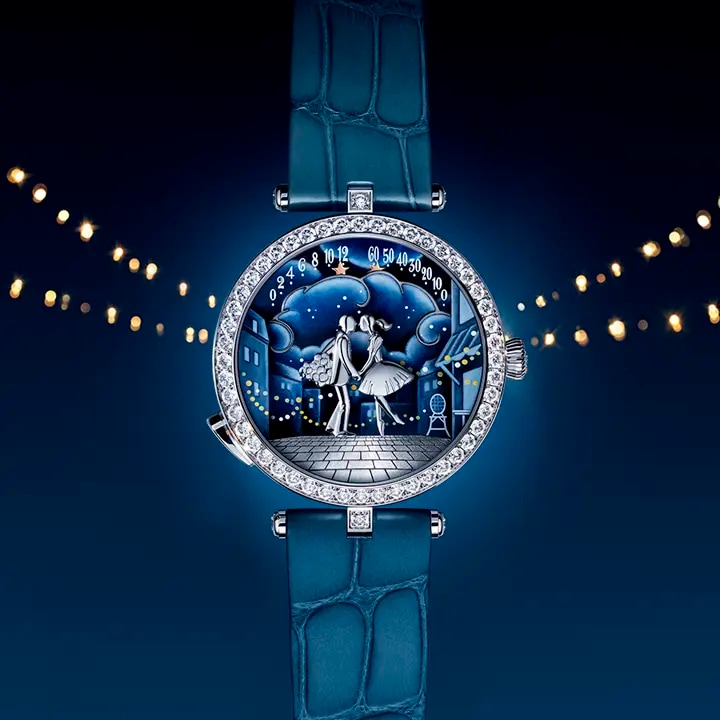 Lady Arpels Pont des Amoureux watch on a dark blue background