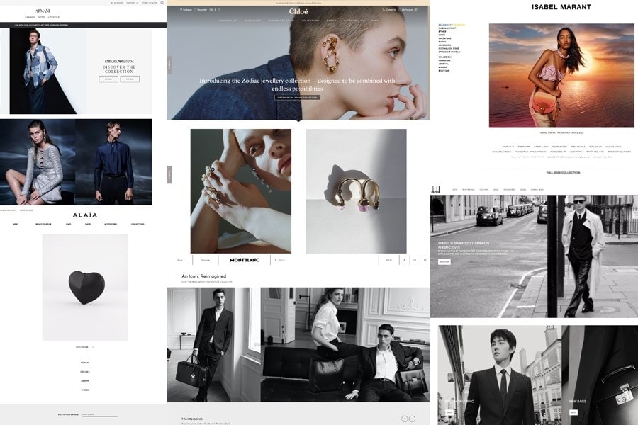Image composition of six website homepage screenshots: Armani, Chloé, Isabel Marant, Alaia, Montblanc, dunhill