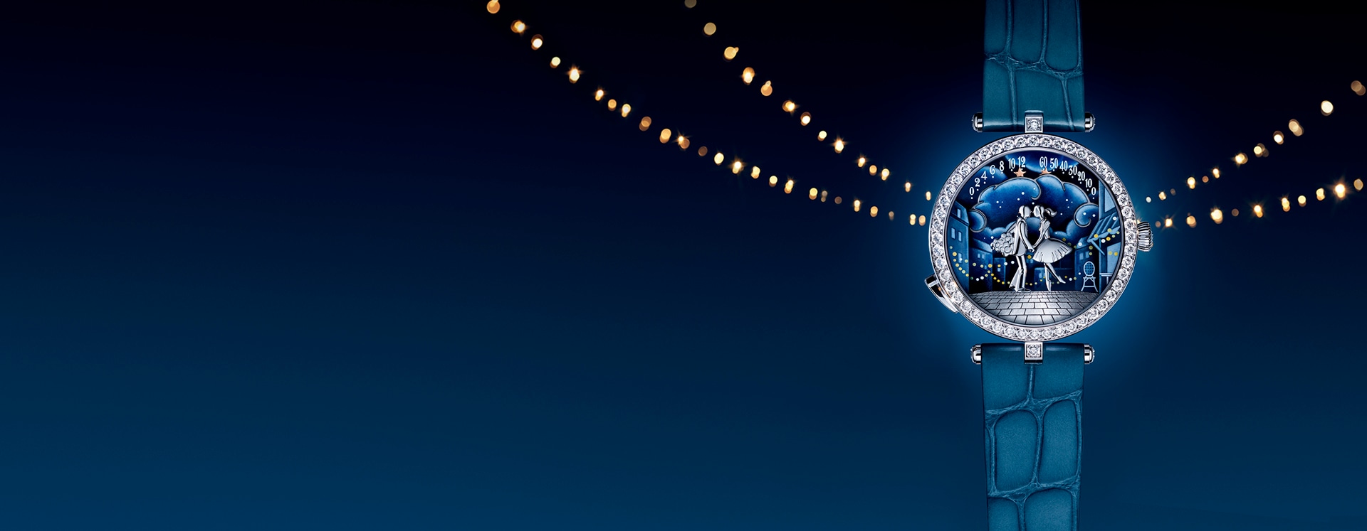 Lady Arpels Pont des Amoureux watch on a dark blue background